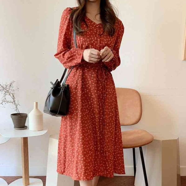 

casual dresses vintage v-neck slim waist women front button lace up full sleeve midi female floral print vestidos femme yhlg, Black;gray
