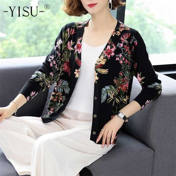 

yisu women casual soft cardigan autumn winter knit soft sweater coat long sleeve v-neck floral print knitted cardigan 211011, White;black