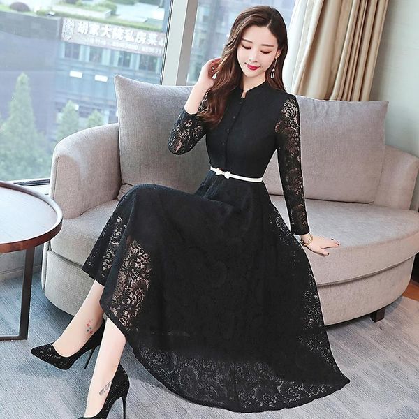 

casual dresses autumn winter plus size vintage lace midi women elegant bodycon black maxi dress party long sleeve runway vestidos, Black;gray