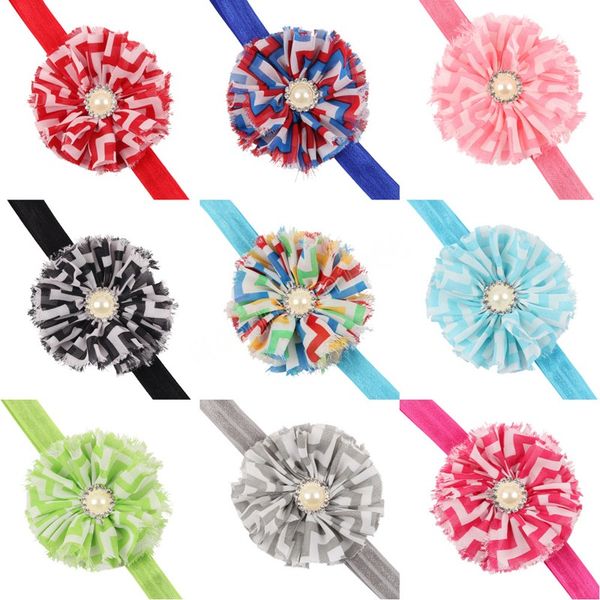 

baby girls shining pearl rhinestone floral headband handmade chiffon flower hairband with wave stripe children hair accessories, Silver