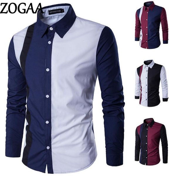 

men casual slim fit shirts long sleeve turn-down collared shirt patchwork color business plus size mens shirts, White;black