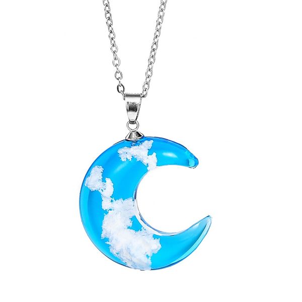 

crystal glass necklace moon pendant blue sky white cloud transparent resin moon pendants necklaces women fashion jewelry gift, Silver
