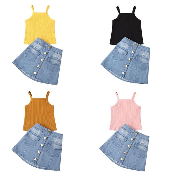

lioraitiin 1-5years 2pcs clothing set toddler baby girl fashion solid vest demin skirt black yellow pink turmeric 4colors, White