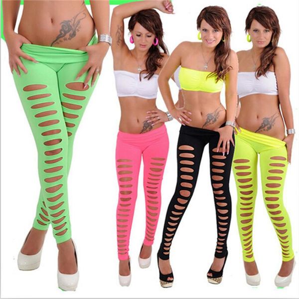 

women's leggings woman casual legging candy color front hole elastic, Black
