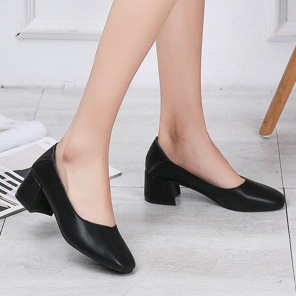 

dress shoes classic spring autumn lady single square shallow mouth solid color wild casual mature shopping walking women 11b-52, Black