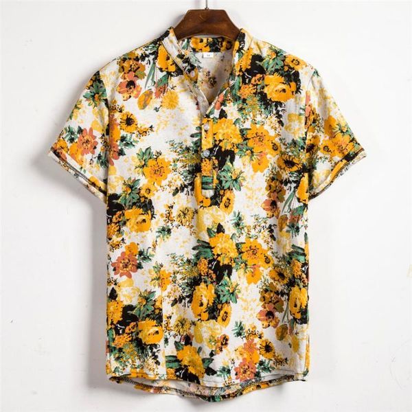 

summer man shirt mens ethnic printed stand collar cotton linen stripe short sleeve loose hawaiian henley shirt hawaiian1, White;black