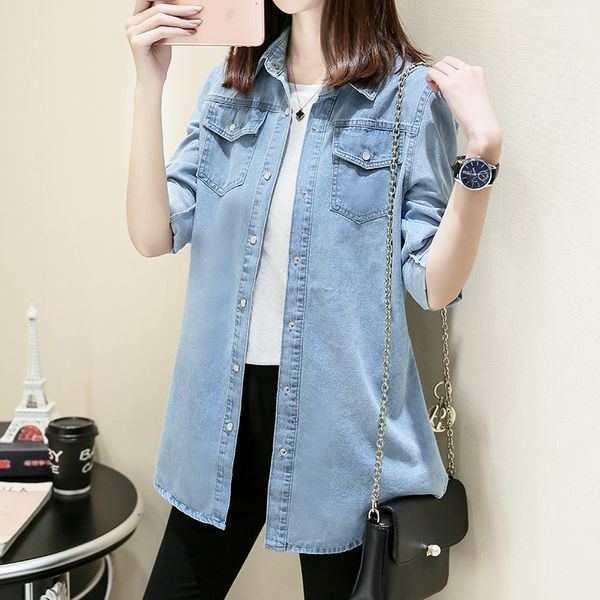 Design Women Denim Shirt Chemise Chemise Spring Ladies Casual Manga longa Jeans Camisetas Mulher Bloups Casaco Camisa Vetem