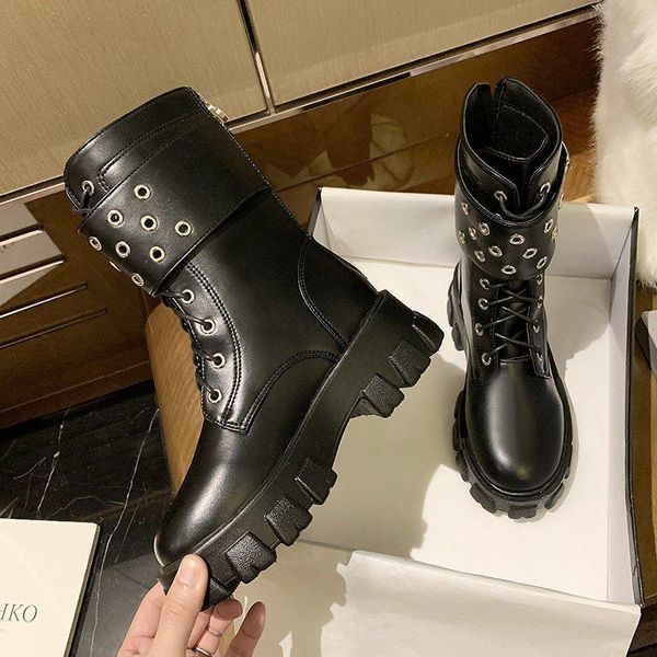 

boots women leather autumn and winter flat ankles round head lace-up women's casual plus size, Black