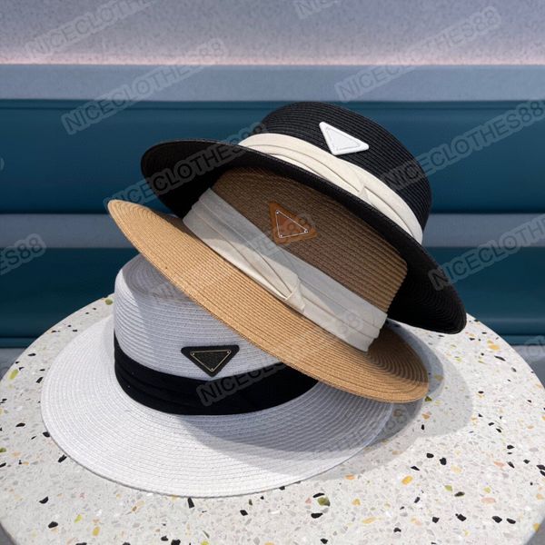 

designer p home triangle logo flat straw beach outdoor sun hat unisex, Blue;gray