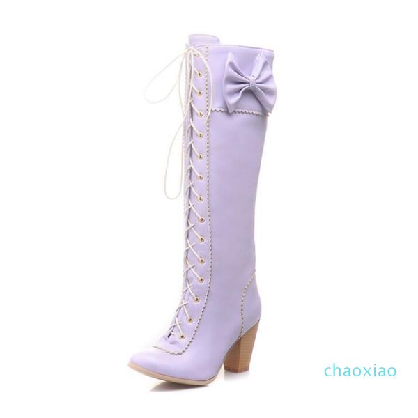 

boots women fashion bow-knotted knee-high casual round toe high heels pure color lace up warm botas, Black