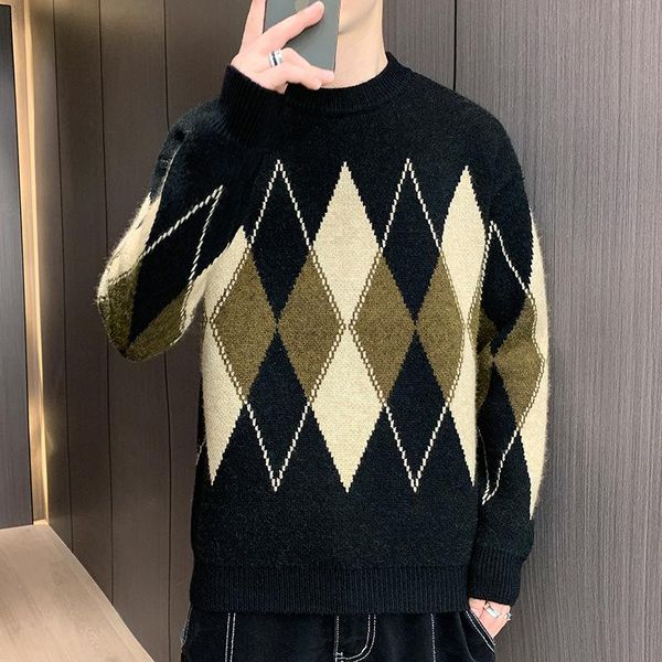 

men's sweaters 2021 autumn and winter trendy rhombus loose multicolor round neck sweater, White;black