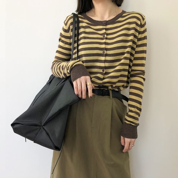 

2021 mooirue stripes thin cardigan slim long-sleeved knitted autumn new korean round neck for women lrgh, White;black