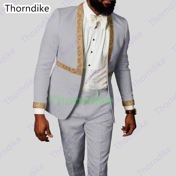 

thorndike traje hombre costume homme slim fit grey jacquard golden adornment jacket formal dress suits groom tuxedos for wedding, White;black