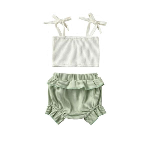 

newborn baby girls sweet clothes sets, sling sleeveless tank + ruffle short bottom outfits, White