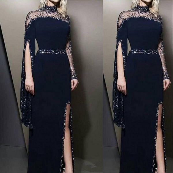 Abiti da sera 2023 indossano collo alto caftano blu navy Dubai abiti da sera in chiffon con perline di cristallo maniche lunghe modesto abito da ballo spaccato robe de soiree