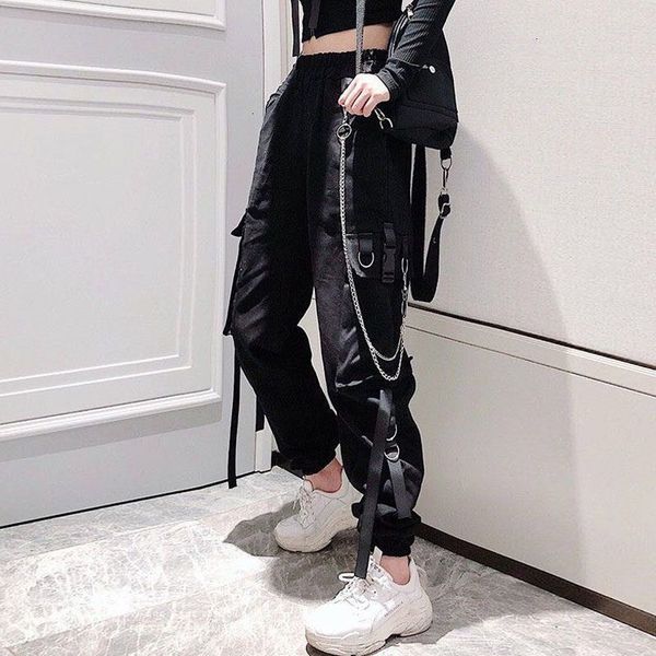 

men's pants women's cargo buckle ribbon pocket jogger elastic waist high hip hop streetwear harajuku pant chain females trous ua6c, Black