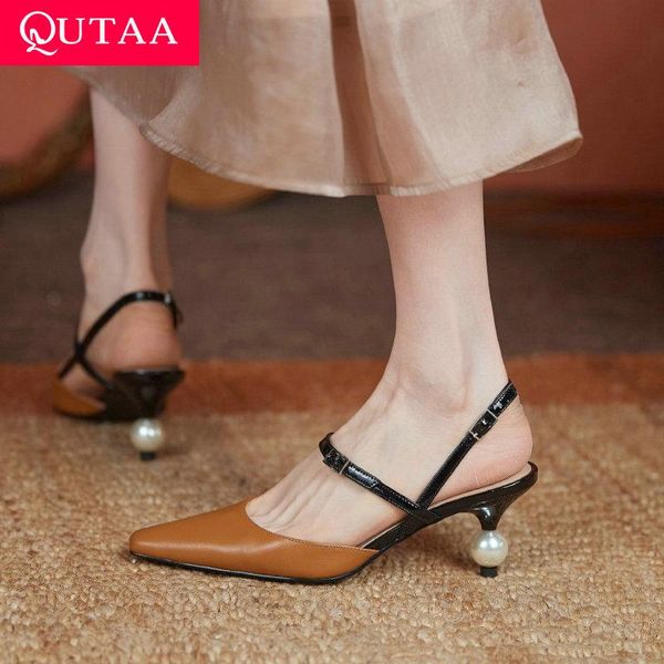 

qutaa 2021 high heels genuine leather pointed toe fashion female sandals summer string bead buckle women shoes big size 34-40, Black