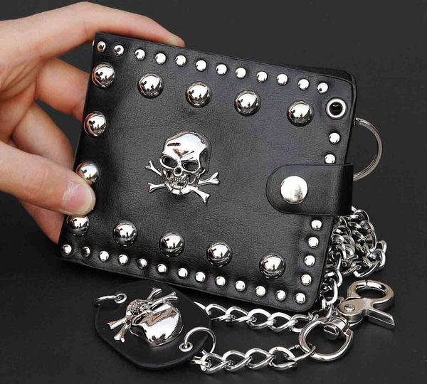 

leather wallet men's skull studded with a jeans long key chain, Red;black