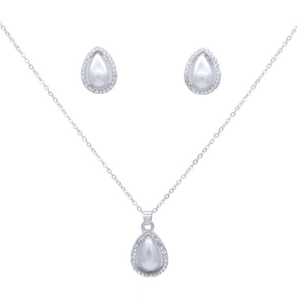 

earrings & necklace fyjs unique silver plated water drop gray imitation pearl pendant cubic zirconia stud charm jewelry sets