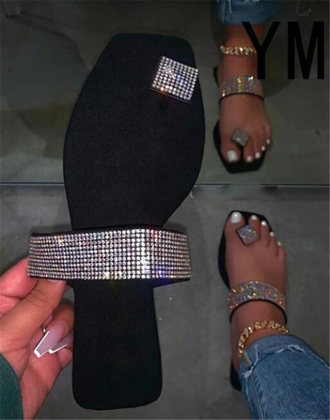 

2021 rhinestone women sandals summer flat heel peep toe shallow shiny fashion beach outdoor ladies shoes zapatos de mujer, Black
