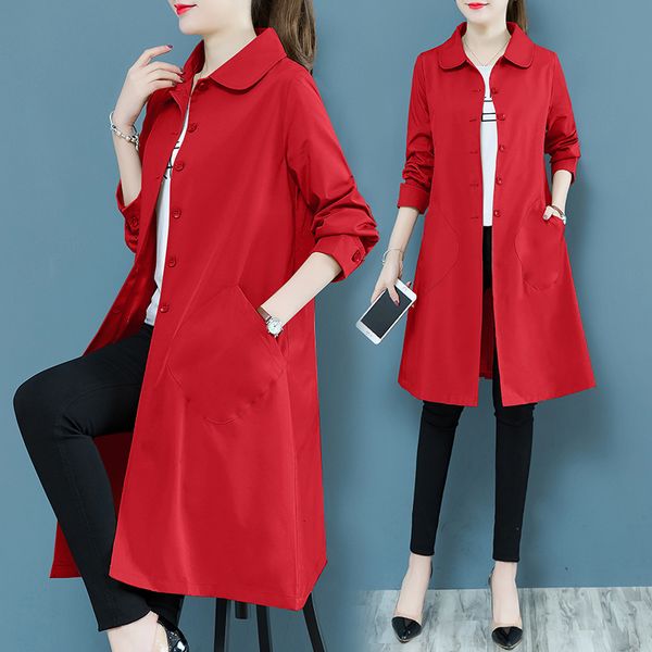 

2021 spring autumn women casual long coat plus size vintage thin windbreaker outerwear female pink khaki red trench mujer 5cgs, Tan;black