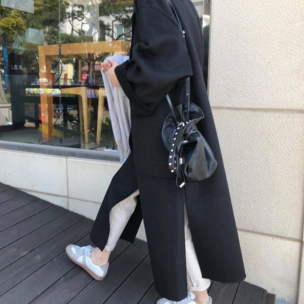 

korean style cashmere coat female bathrobe chic casual split cashmere coat women double-sided cashmere coat, Tan;black