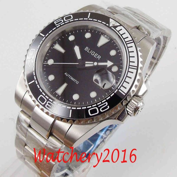 

40mm bliger black dial sapphire glass date lighting automatic clock, Slivery;brown