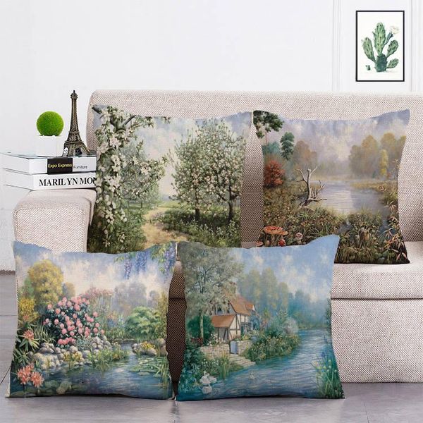 

country scenery oil painting printing cushion cover linen cotton living room garden decoration throw pillow case t308