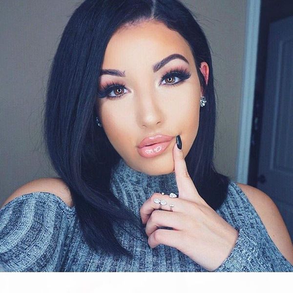 

lace front human hair wigs natural black color brazilian lace wigs with full end remy short bob wigs bleached knots, Black;brown