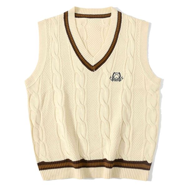 

men's sweaters lacible harajuku bear embroidered sleeveless vest loose streetwear retro knitted sweater pullover england style outwear, White;black