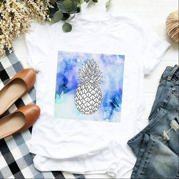 

women lady watermelon plaid pineapple vacation cartoon print ladies t tee tshirt womens shirt clothes female graphic t shirt, White