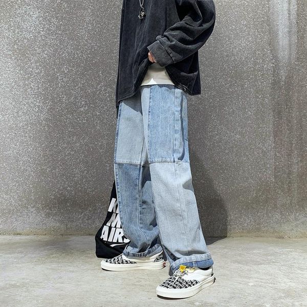 

men's jeans men patchwork straight wide leg loose plus size 3xl streetwear students hip hop vintage all-match fashion casual daily, Blue
