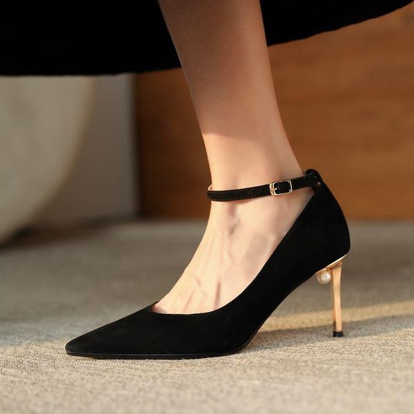 

golden heel design sheepskin genuine leather women heels shoes spring fashion leisure high heel shoes club party wedding, Black