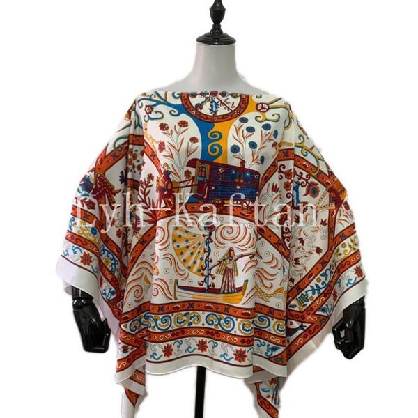 

ethnic clothing 2021 summer fashion thailand bohemian printed lady blouse one- shoulder beach party silk kaftan women's clothes, Red