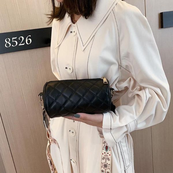 

cross body durable handbags not easy to damage women cylinder pure color crossbody bags leather money purse wide shoulder bag travel