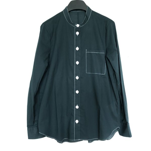 

2021 new 100% algodo blusa feminina nico breasted manga longa um bolso o pescoo simples feminino casual camisa dk0u, Black