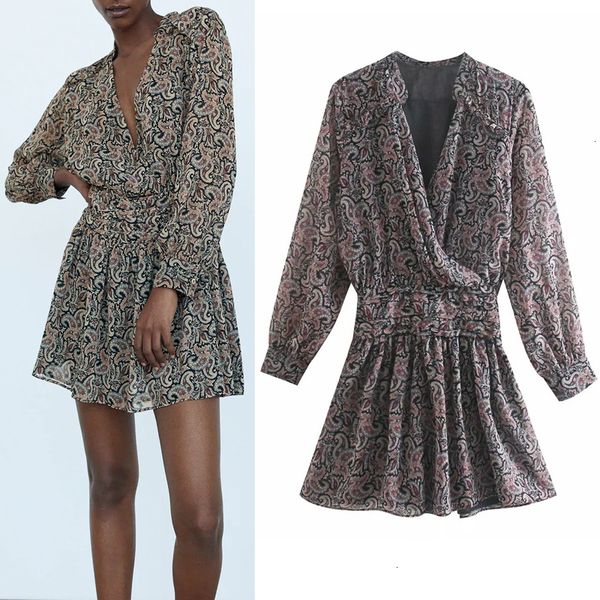 

new vintage 2021 printed mini women long sleeve crossover v-neck pleated dress woman fashion waist ruched dresses 6dxh gl6c, Black;gray