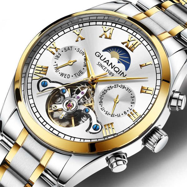 

guanqin 2021 new watch male mechanical watch automatic hollow tourbillon waterproof luminous belt mens watch dual calendar mult, Slivery;brown