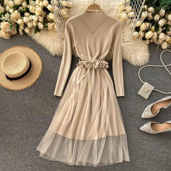 

casual dresses knitted sweater dress women's autumn and winter retro diamond stand collar slim mesh fashion long sleeve vestidos p890, Black;gray