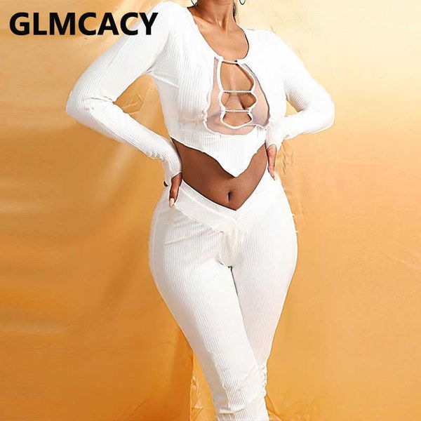 

women stretch chic suits ribbed crop & skinny pants set 210702, White