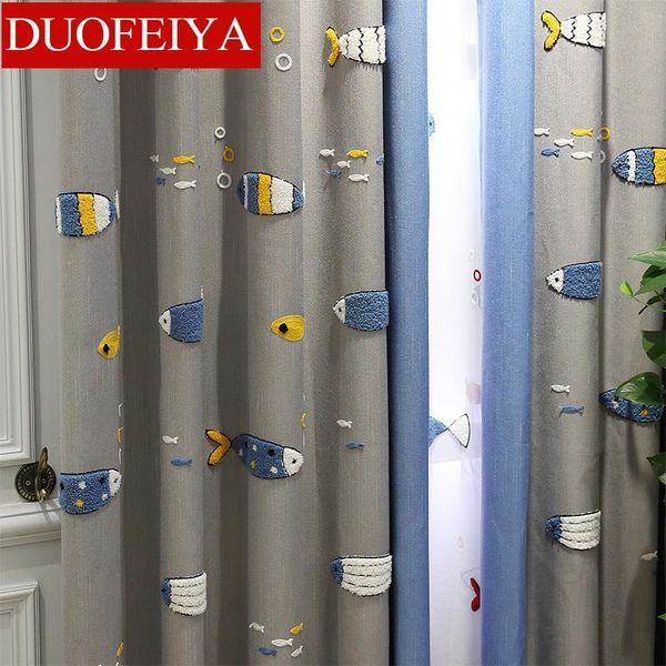 

curtain & drapes nordic gray cartoon fish cotton and linen children's room cloth boy bedroom bay window