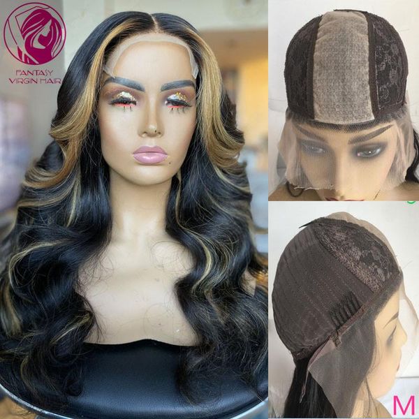 

lace wigs deep middle parting human hair wig 2x5 silk body wave remy ombre black blonde highlights color 150% 180%, Black;brown