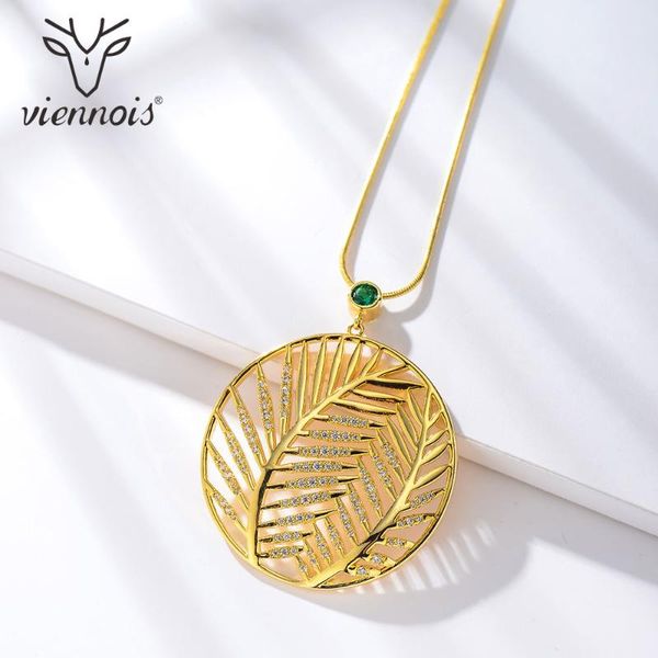 

pendant necklaces viennois gold color round family tree of life hollow leave long chain with zircon women statement jewelry, Silver