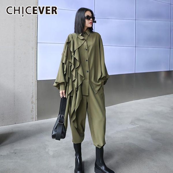 

women's two piece pants chicever patchwork ruffles set for women lapel collar long sleeve shirt high waist wide leg female 2021 clothes, White