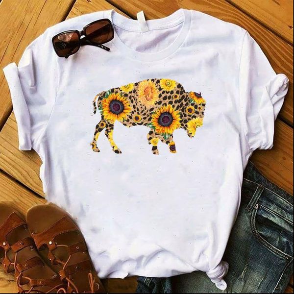 

women t shirt bull cattle heifer sunflower print tshirt women short sleeve o neck loose t shirt ladies summer causal tee shirt, White