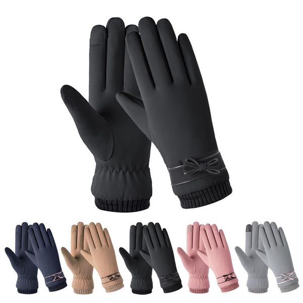 

five fingers gloves winter women windproof internal plush warm lady mittens touch screen skin-friendly soft pu leather female, Blue;gray