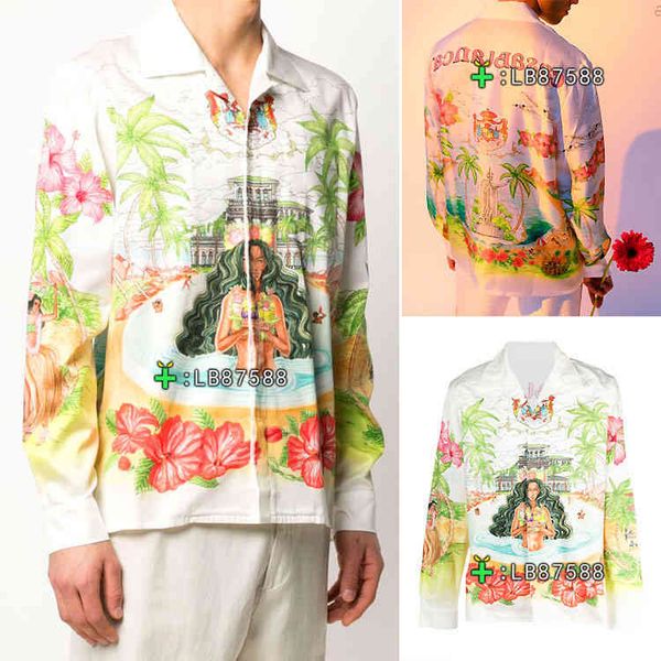 

selling trendy brand ins new silk casual shirt holiday style non silk shirt casablanca style 22ss hawaiian landscape totem flower print shir, White;black
