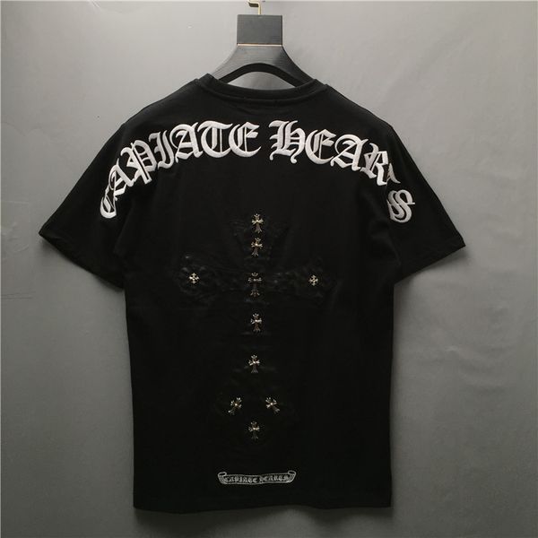 

brand 2021 summer tide brand new heavy industry three dimensional embroidery letter pu leather metal cross t-shirt m, White;black