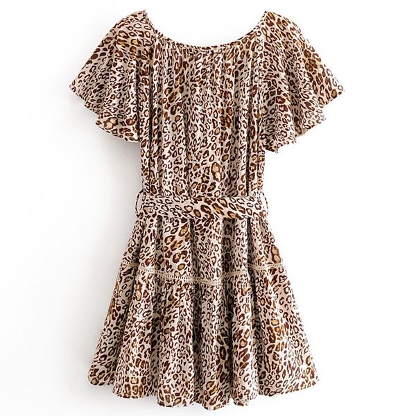 

2021 bohemia lacing up v neck khaki leopard dress ethnic woman tassel tie bow sashes flare short sleeve dresses holiday beach, Red