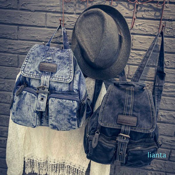 

women fashion washed retro student school bag denim backpack